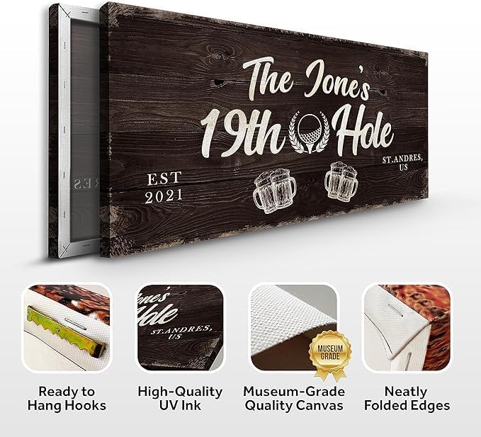 TAILORED CANVASES Golf Art Decor - Personalized Vintage Golf Wall Art Sign for Man Cave, Bedroom, Basement, Home Bar and Custom Gift for Husband, Dad, Wedding & Anniversary - 19th Hole Sign, 48"x24"