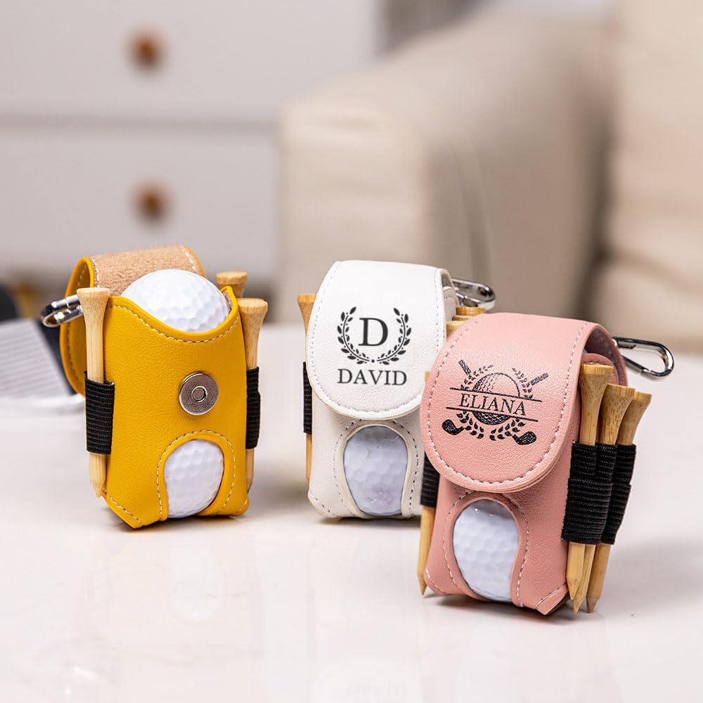 Custom Name Golf Ball Holder with Clip Leather Personalized Monogram Golf Tee Holder for Golf Bag Waist Golf Ball Tee Pouch Bag Gifts for Golfers Men Women