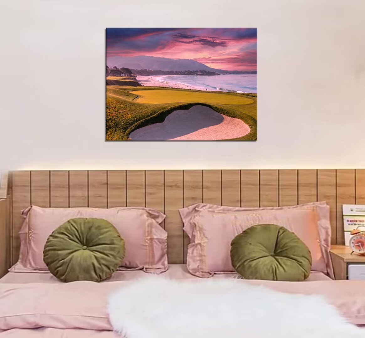 HJY Art Pebble Beach Golf Course Wall Art USA California Golf Course Wall Decor Sunset Landscape Painting Poster for Home Decor Living Room Bedroom Office Club Gym Framed Artwork (12 x 16 inch)