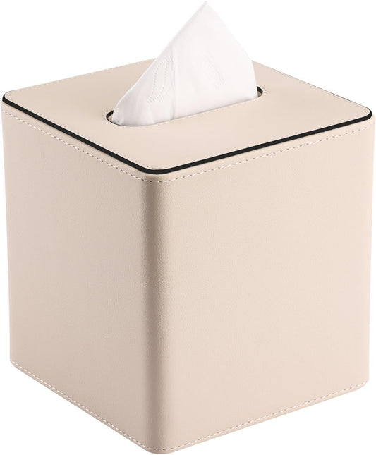 KINGFOM Leather Tissue Box Cover – Square Modern PU Leather Tissue Holder, Cube Tissue Dispenser for Home, Office, Bedroom, Bathroom – Elegant Minimalist Style (Beige-Square)