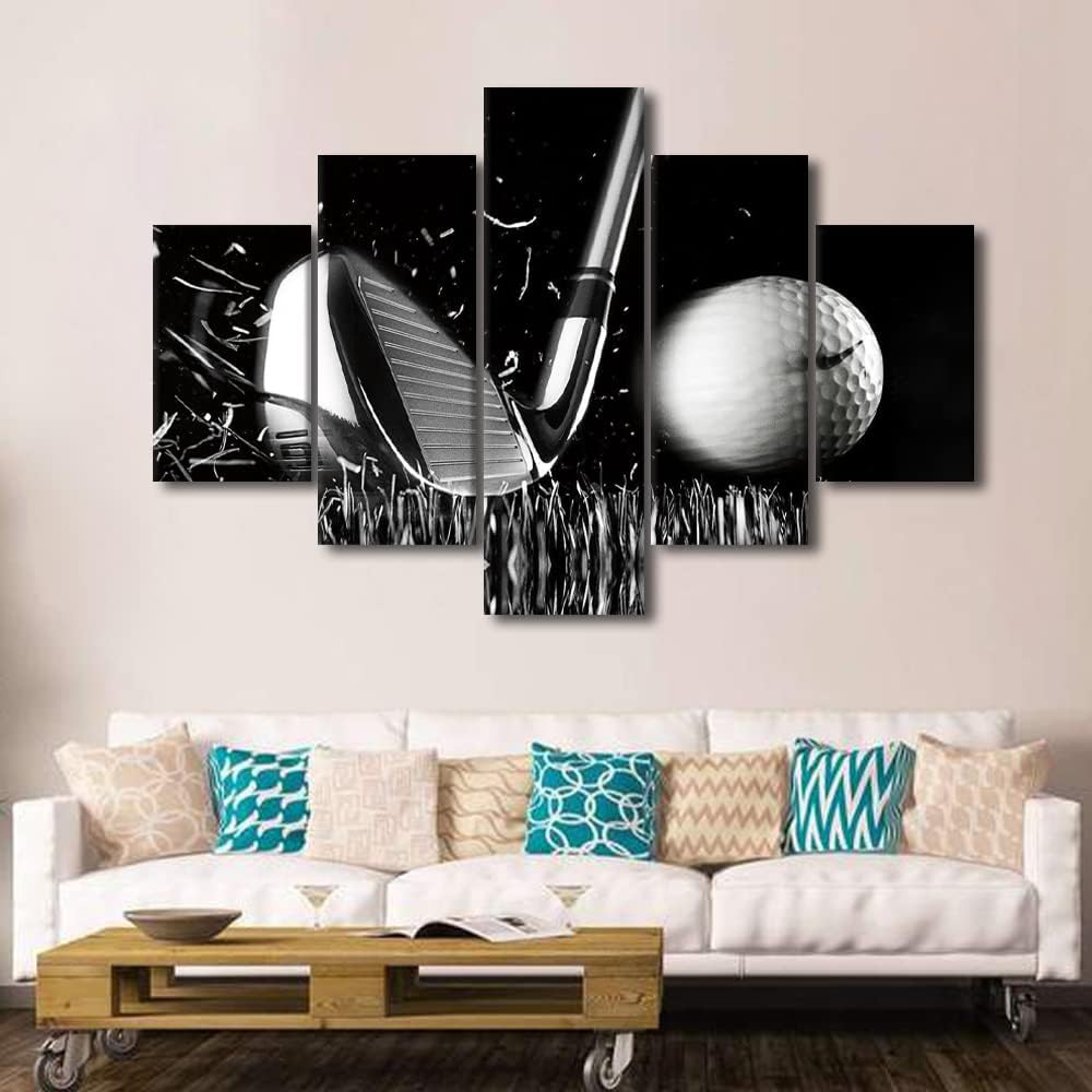 Golf Pctures Wall Decor Black and White Paintings Golf Course Wall Art for Living Room Golfing Sports Artwork 5 Piece Prints on Canvas Modern House Decor Giclee Framed Ready to Hang - 60"W x 40"H