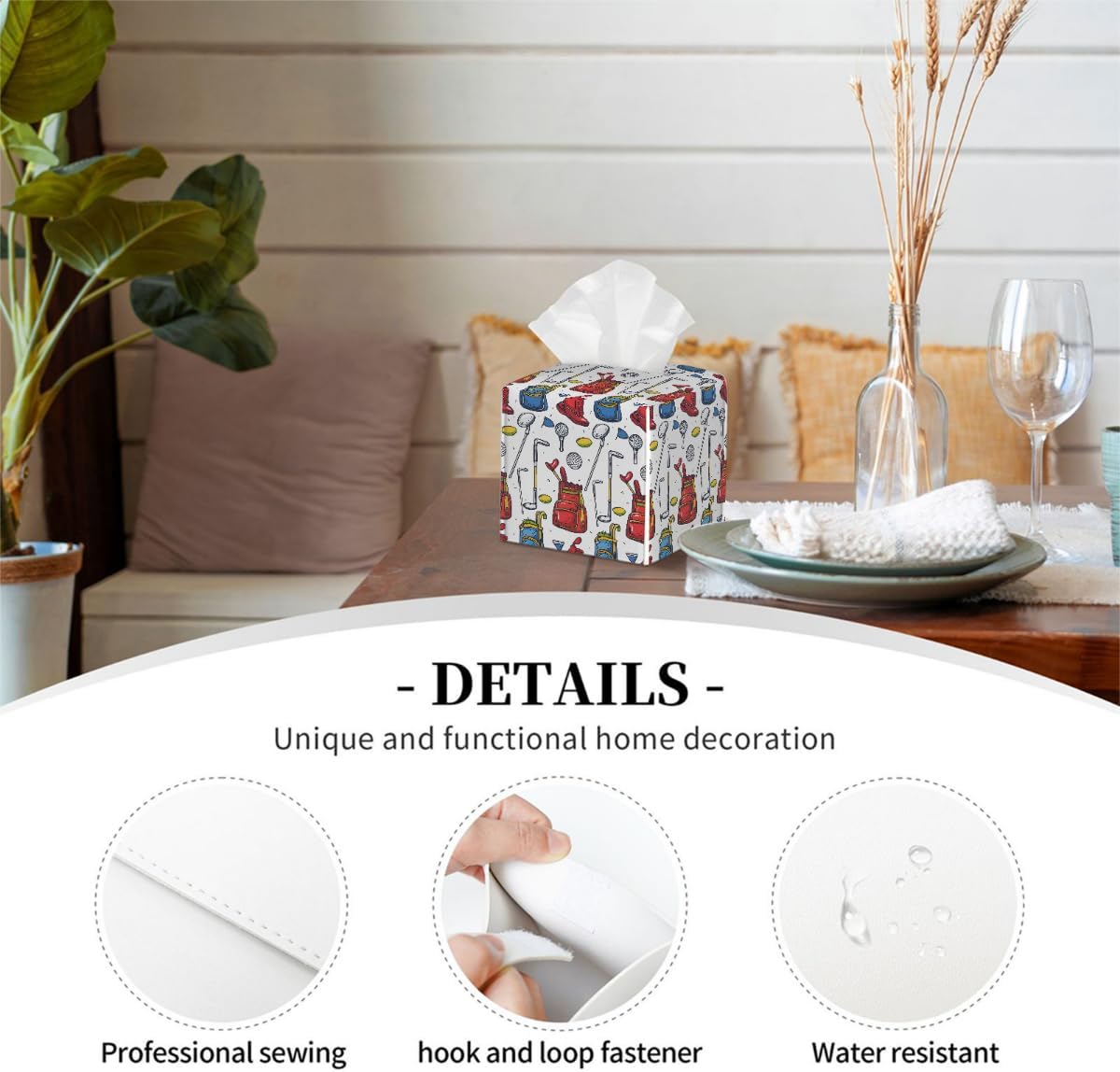 Square Leather Tissue Box Cover, Waterproof Napkin Dispenser with Golf Balls Print, Tissue Holder for Bathroom, Living Room, Bedroom, Office, and Car Decor