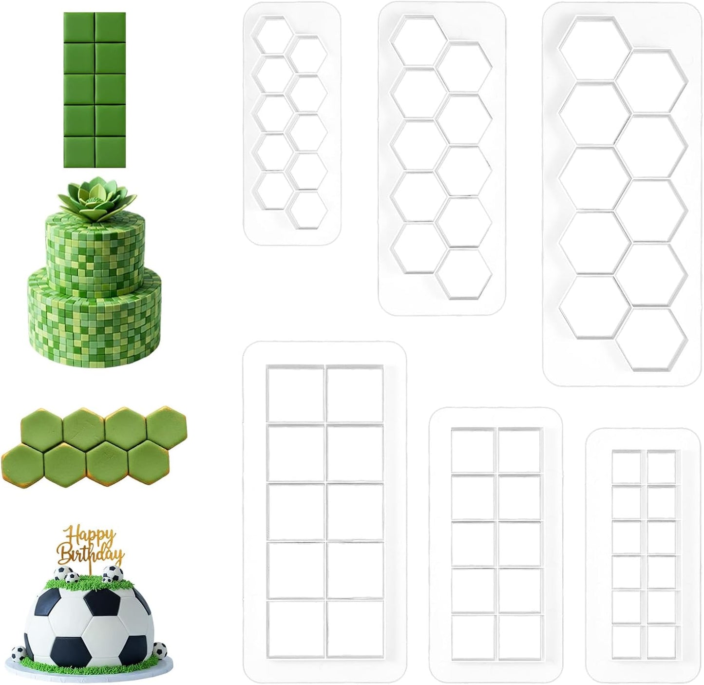 6PCS Hexagon and Square Cookie Cutters, 6 Size Square Football Cake Fondant Cutter, Hexagon Soccer Cookie Cutter, Geometric Multipurpose Cutters for Fondant Biscuit Cake DIY Decorative Moldings