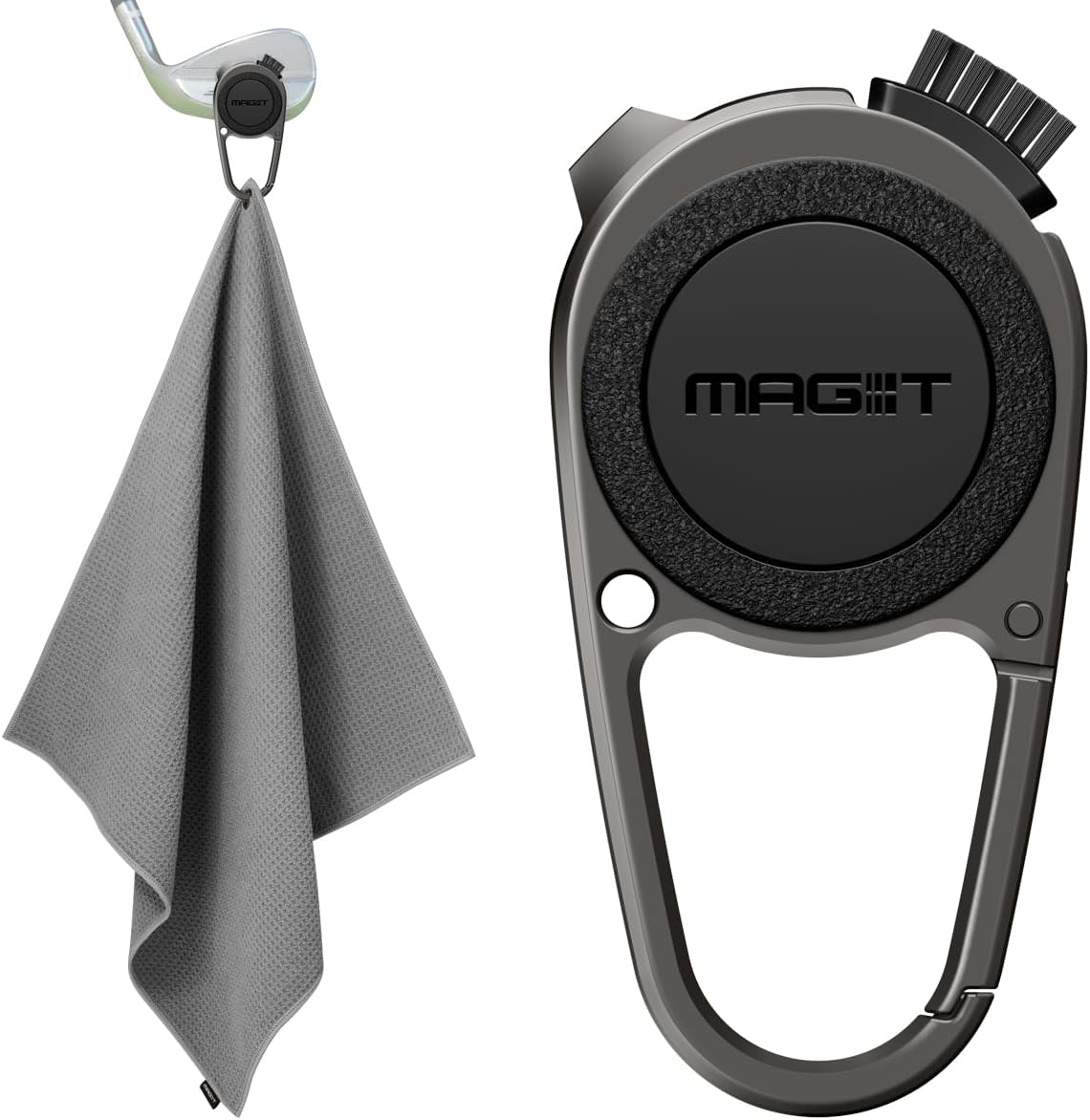 MAG-iT Magnetic Golf Towel with Carabiner | Strong Magnet, Ultra-Absorbent Microfiber, Groove Cleaner for Golf Bags - Grey