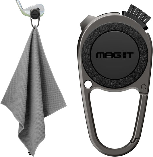 MAG-iT Magnetic Golf Towel with Carabiner | Strong Magnet, Ultra-Absorbent Microfiber, Groove Cleaner for Golf Bags - Grey