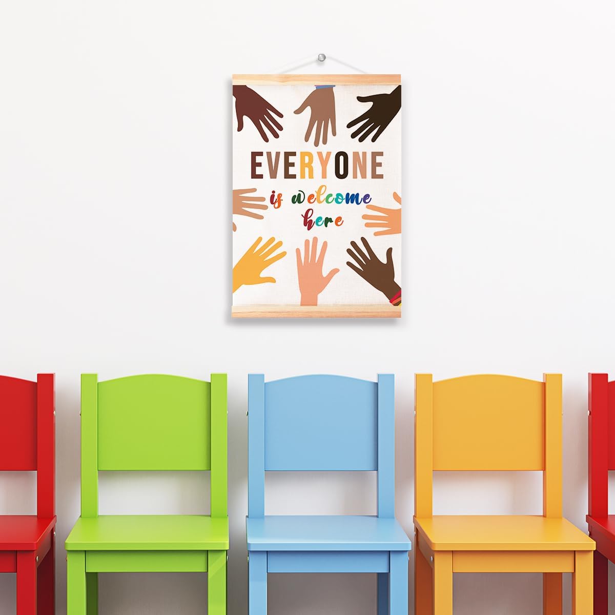 Multicultural Diversity Equality Poster Hanger Frame for Classroom School Nursery Wall Decor,Every One is Welcome Here Classroom Canvas Wall Art Poster Print Wall Hanging 16x12in