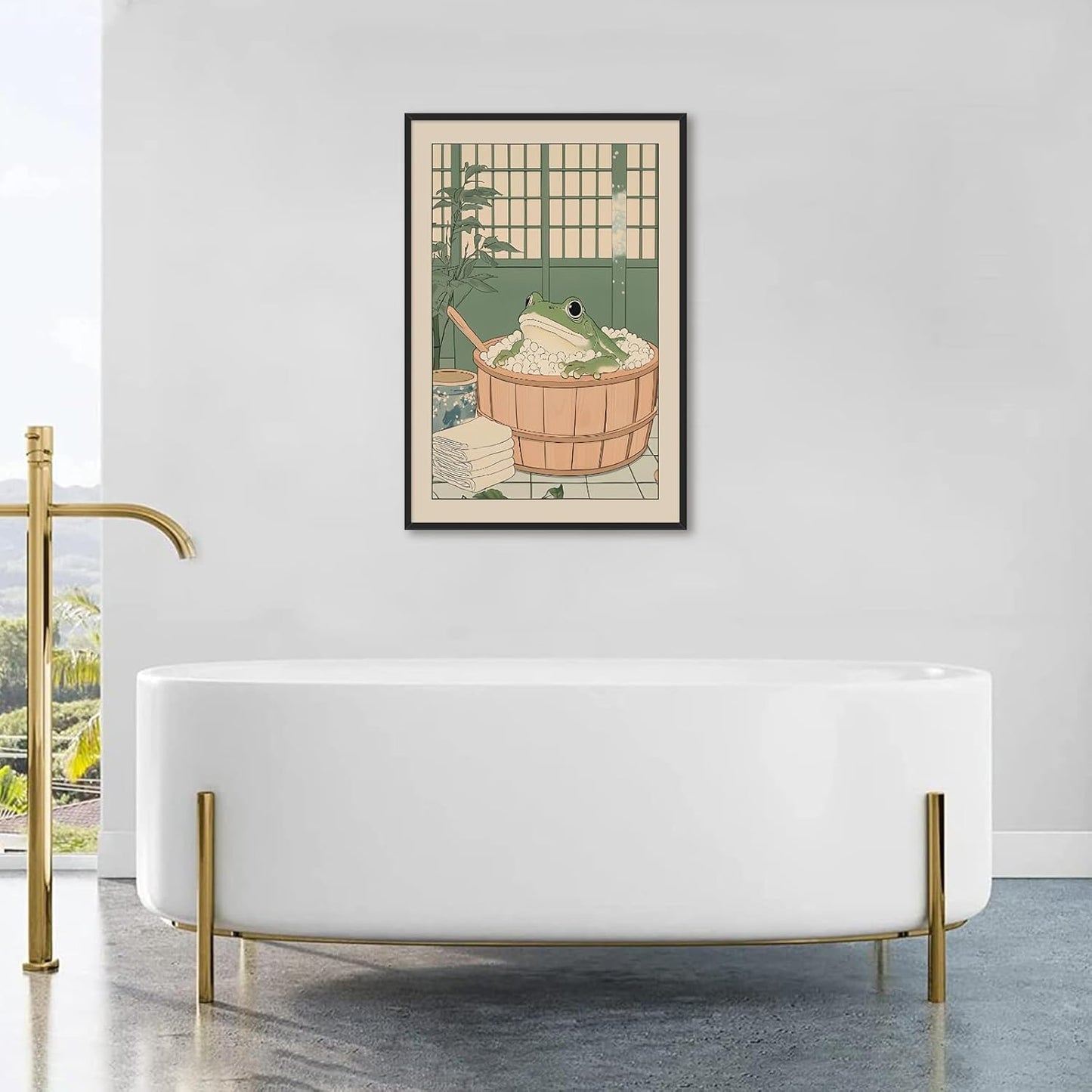 Funny Bathroom Wall Art Japanese Aesthetic Frog in a Bathtub Posters Cute Animal Canvas Prints Vintage Neutral Minimalist Wall Decor for Apartment Dorm 20x30in Framed