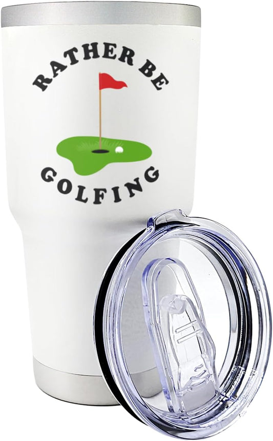 Premium 30 oz Rather Be Golfing White Tumbler with Slider Lid - Insulated Stainless Steel Tumbler, Golf Gifts for Men & Women, Keeps Drinks Hot or Cold, Perfect for Golf Lovers & Souvenir Collectors