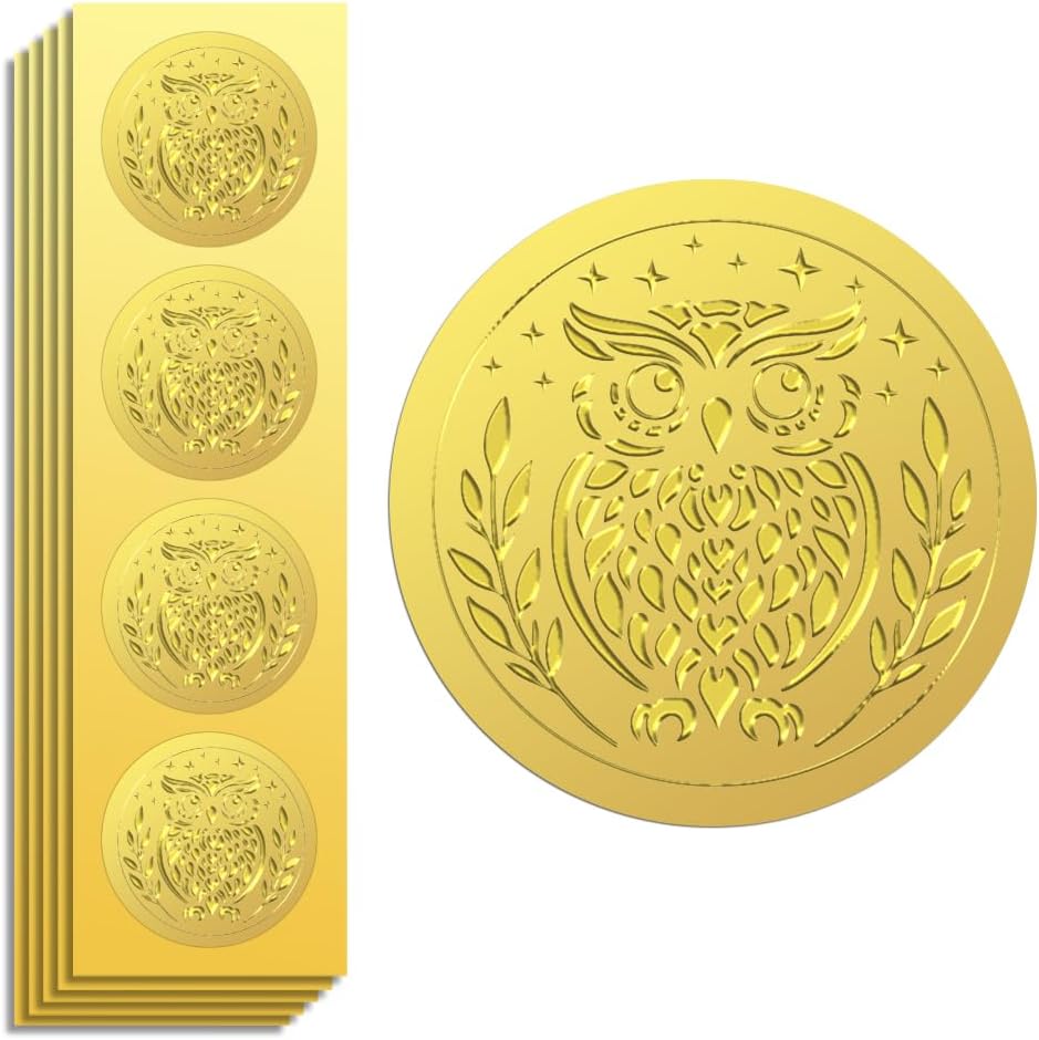 Peacoblue Gold Foil Stickers Seals Embossed 2 Inch 100Pcs Owl, Self Adhesive Gold Around Embossing Sticker for Envelope Seal Party Invitation Gift Card Present Decoration Certificate Paper