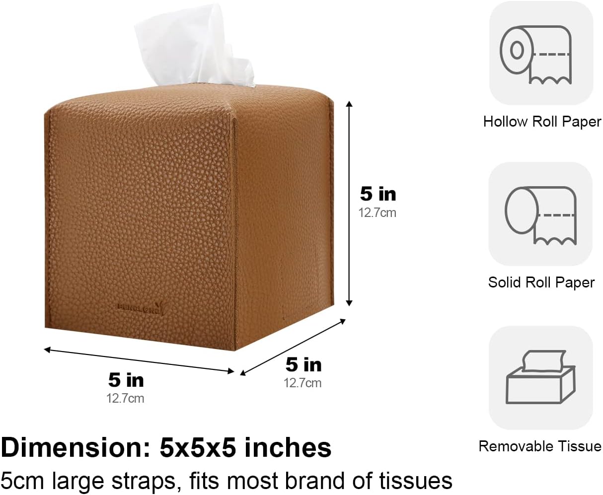 Tissue Box Cover 5X5X5'' PU Leather Tissue Holder Square Tissue Cube Box Organizer for Bathroom Vanity Countertop, Car, Night Stands, Office, Home, Kitchen (1Pack, Brown)