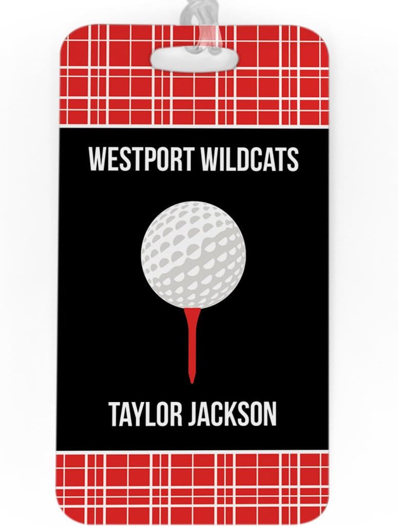 ChalkTalkSPORTS Golf Luggage & Bag Tag | Personalized Team with Golf Ball | Standard Lines on Back | Large | RED/Black