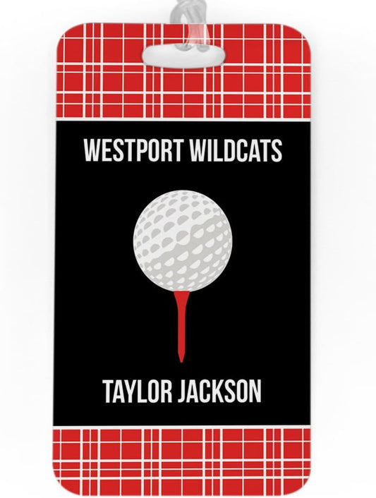 ChalkTalkSPORTS Golf Luggage & Bag Tag | Personalized Team with Golf Ball | Standard Lines on Back | Large | RED/Black