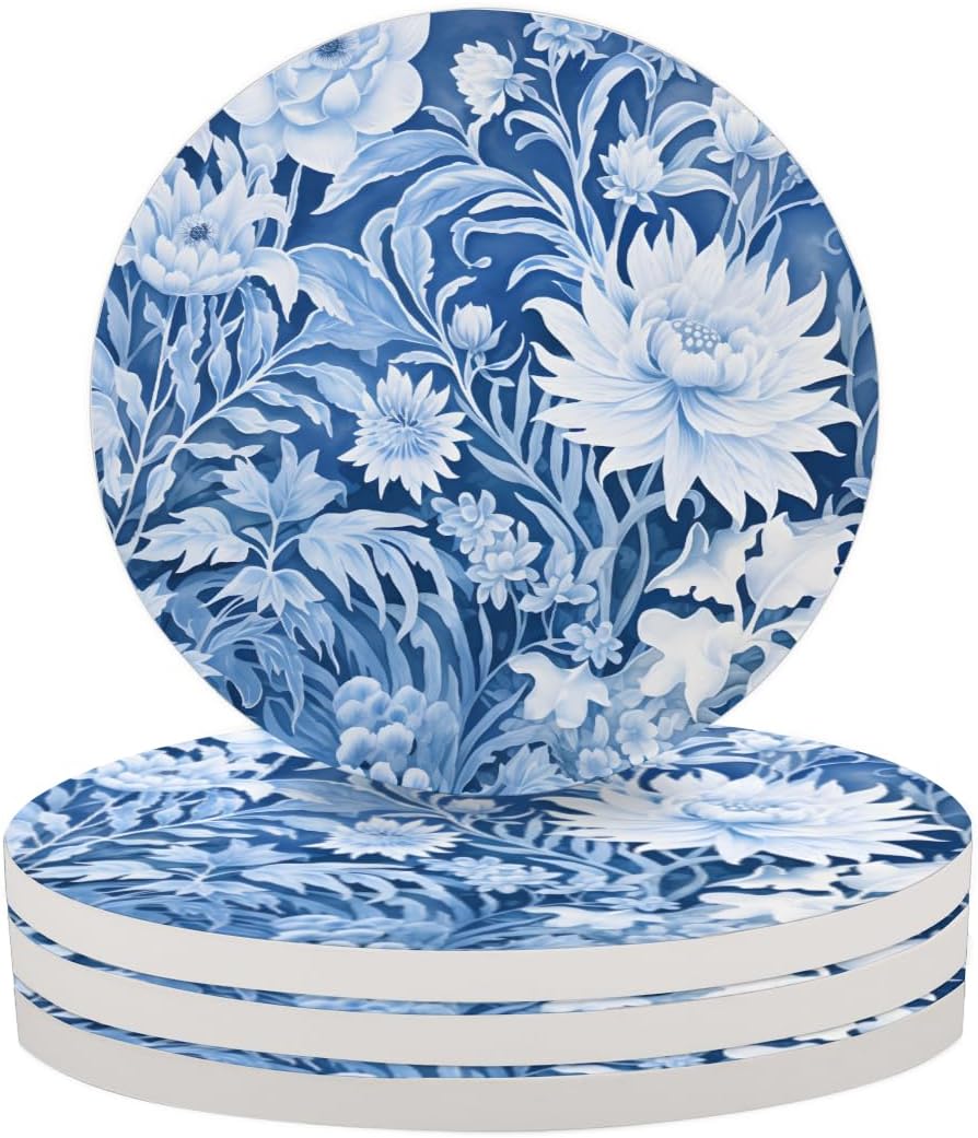 Ceramic Coasters for Drinks with Cork Back,Cyan White Floral 4 Inch Absorbent Coaster Set 4 Pack, Quick Dry Non-Slip Coaster Mats for Home, Office, Bar