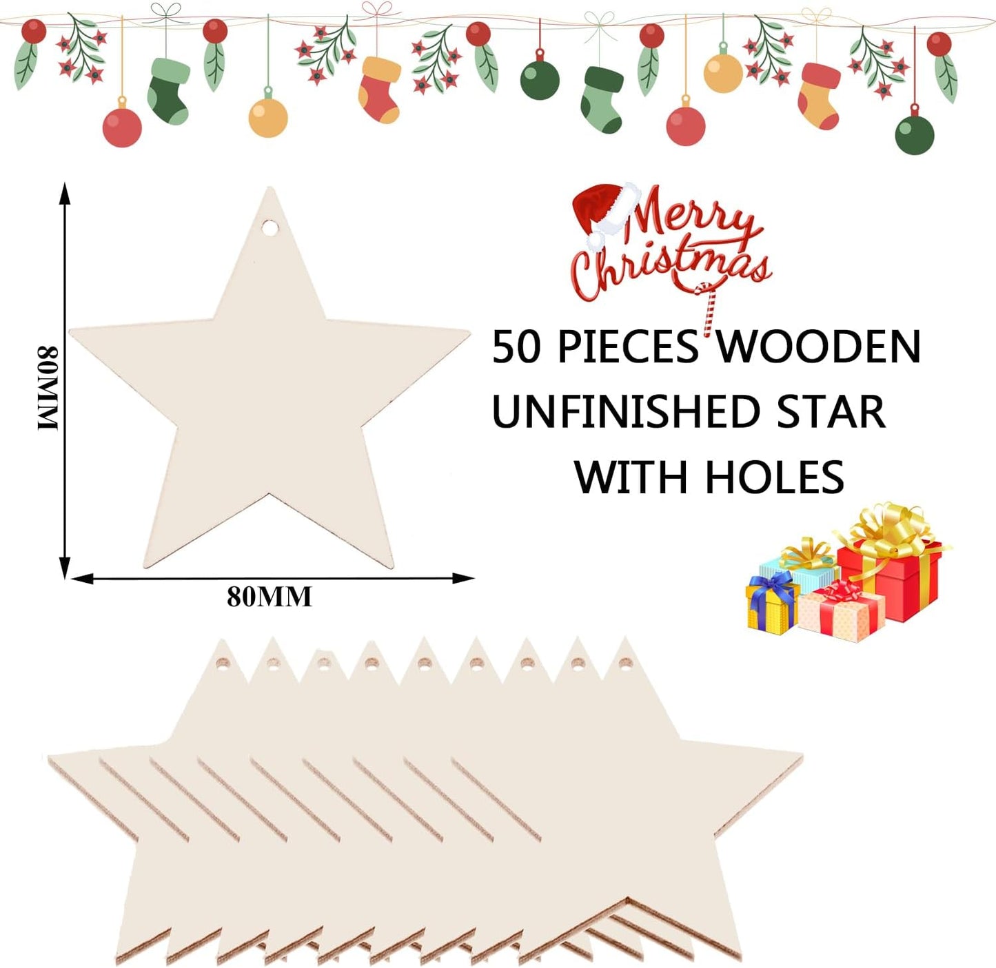 50PCS Unfinished Wood kit with Holes, Wood Slice for DIY Crafts, Blank Star Wood Cutouts Wooden Tags Ornaments for Sign Gift Tags, Christmas Decorations Indoor Outdoor Decor (Star Shape)