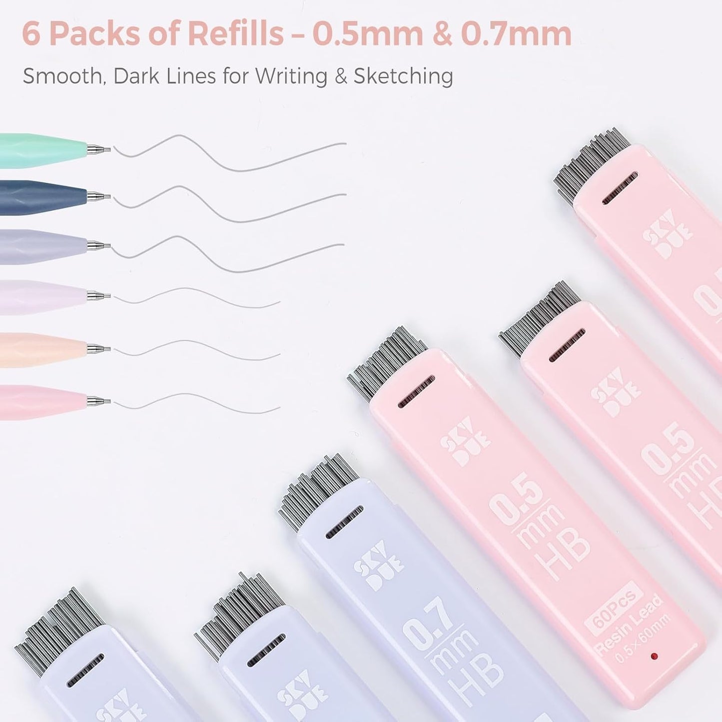 SKYDUE Cute Mechanical Pencils Set, 0.5mm & 0.7mm Mechanical Pencils, 360PCS HB Lead Refills, 4PCS Pastel Erasers, Pastel Aesthetic School Supplies for Writing, Drawing and Sketching