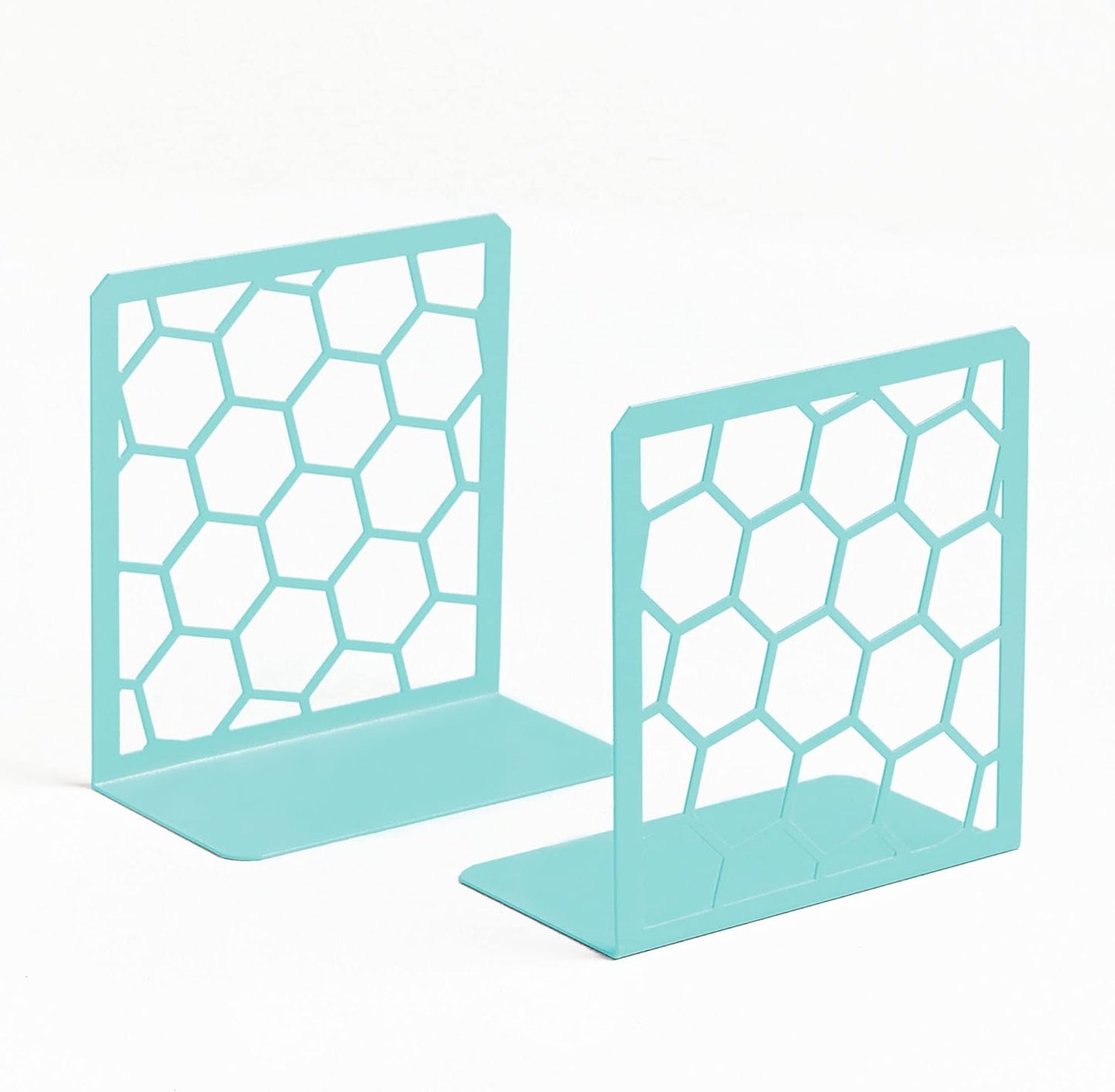 GEOMOD Geometric Honeycomb Turquoise Metal Bookends Decorative - Tall Sturdy Book Ends for Shelves - Modern Heavy Duty Bookend Stopper - Office Shelf Book Holder - 6x3.25x6.25 Inches - 1 Pair