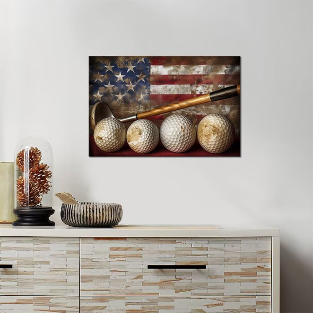 Golf Canvas Wall Art Vintage Golf Ball with American Flag Painting Artwork Leisure Sports Poster Golf Pictures for Living Room Office Club Home Decorations Framed Ready to Hang (28 x 44 inch)