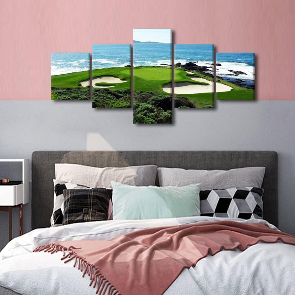 Pebble Beach Golf Course-California USA Wall Art Canvas Prints Wall Decor Picture 5 Panel Blue Sky Sea Golf Course Coast Decorations for Home Office Poster Framed Stretched Ready to Hang - 50"W x 24"H