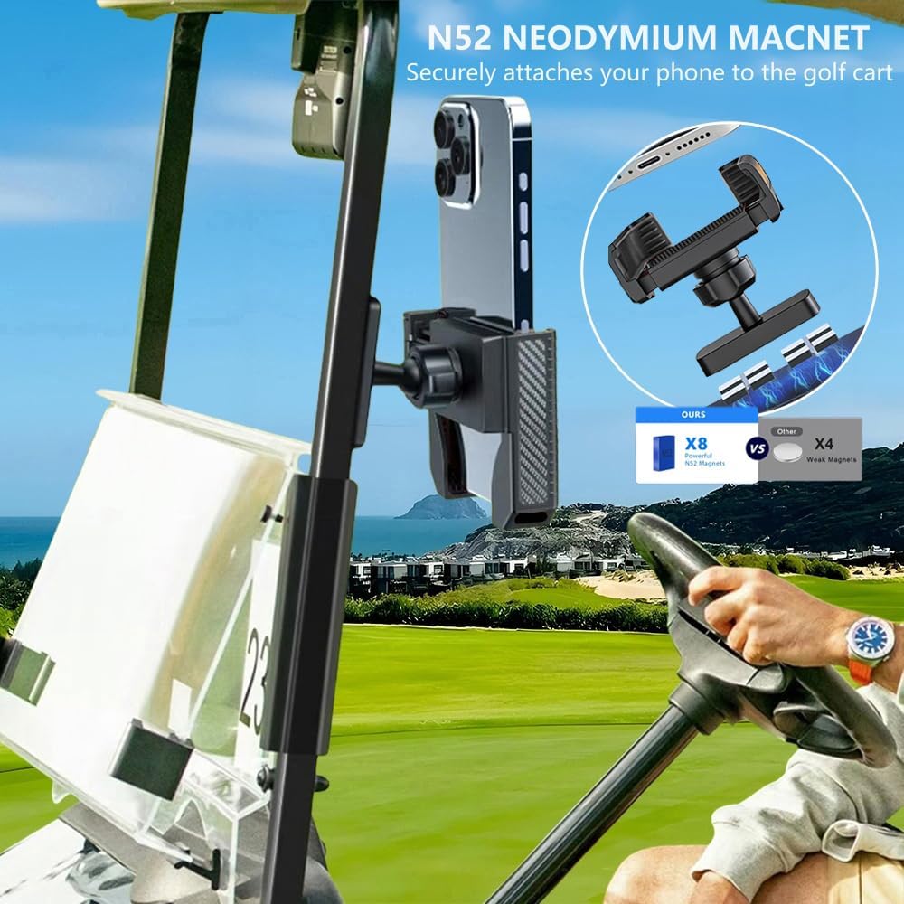 Magnetic Golf Cart Phone Holder: Powerful N52 Magnet Base, Tool-Free Install & 360° Rotatable, Universal Fits EZGO/ Club Car/ Yamaha - Must-Have Golf Accessories for iPhone, Samsung & All Smartphones