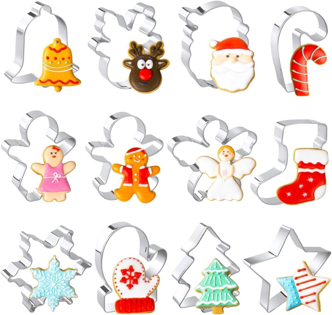 Christmas Cookie Cutters Set, 12 Pieces Stainless Steel Metal Christmas Cookie Cutters Shapes - Gingerbread Men,Christmas Tree,Snowflake, Candy Cane, Santa Face, Star and More