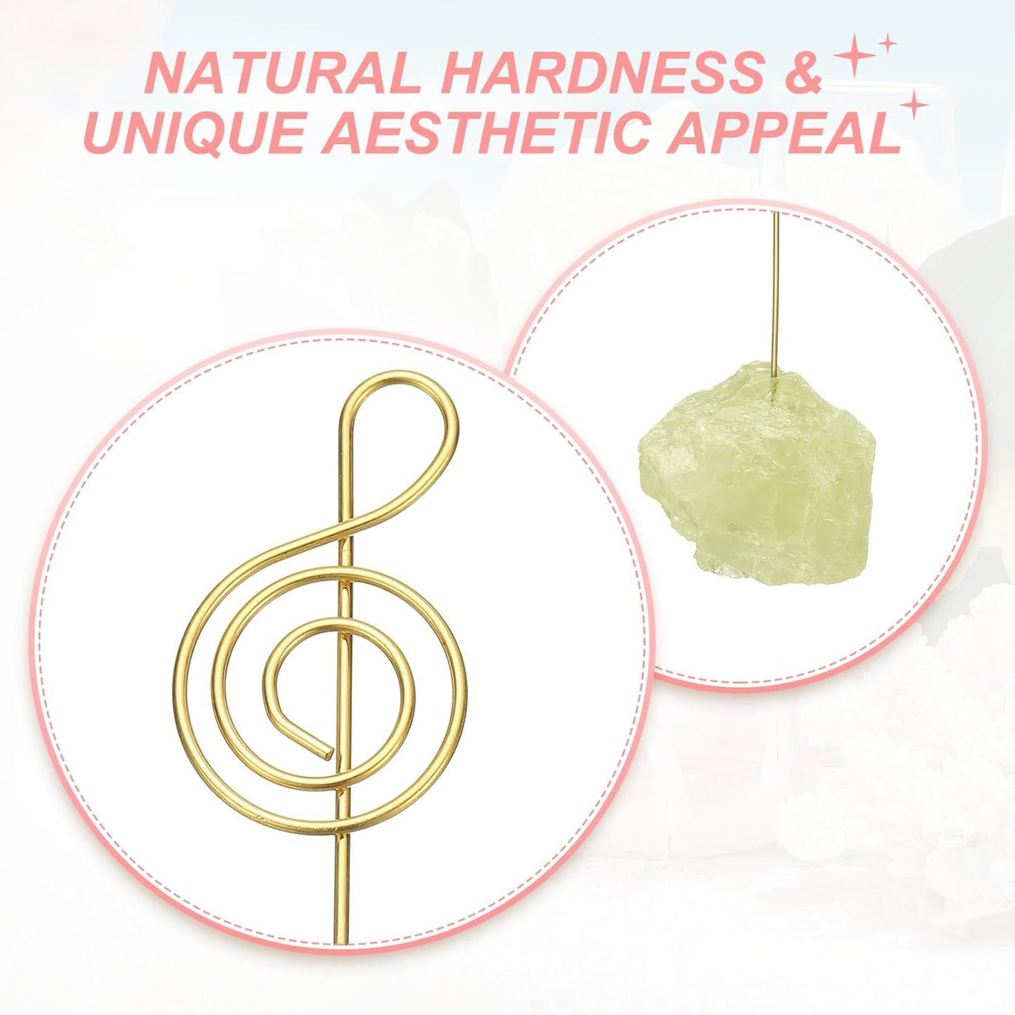 PATIKIL Table Number Holder, 1Pcs Photo Clip Holders Crystal Stone Quartz Desk Card Holder Raw Musical Note Shape Iron Memo Note Photo Stand for Wedding Party Home Office Decor, Yellow