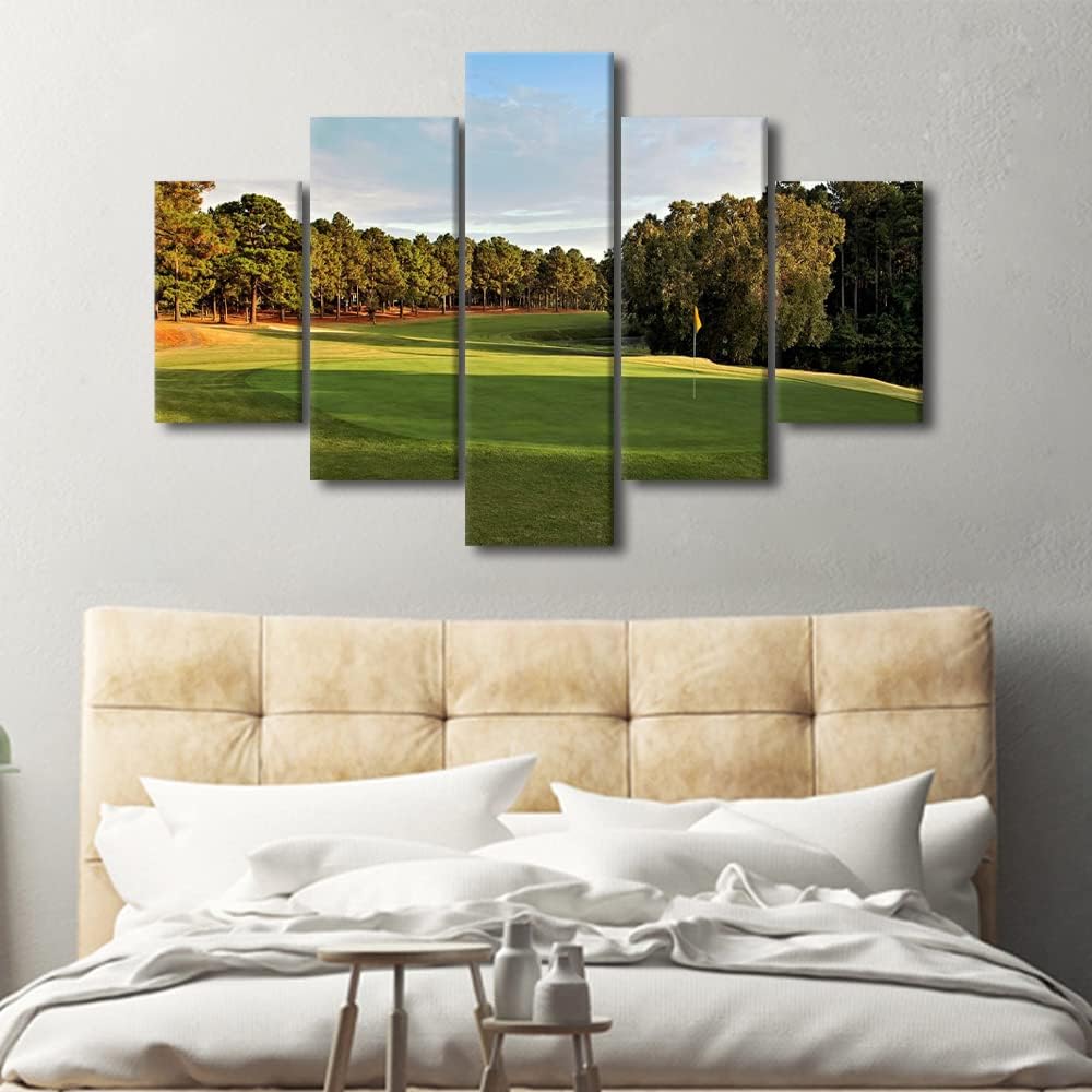 5 Piece Green Golf Course and Nature Landscape Wall Art Canvas Paintings for Living Room Bedroom Wall Decoration Modern Contemporary Pictures Home Decor Set Wooden Framed Ready to Hang - 60"W x 40"H