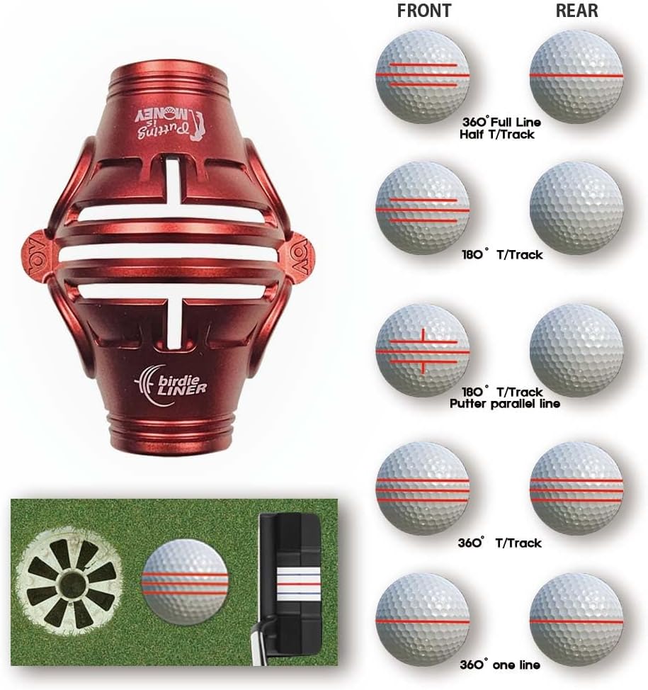 Birdie Liner Burgundy Golf Ball Marker Alignment Tool Kit - 360-Degree Triple Line Stencil Black with 3-Color Pens and Gift Box - Premium Quality