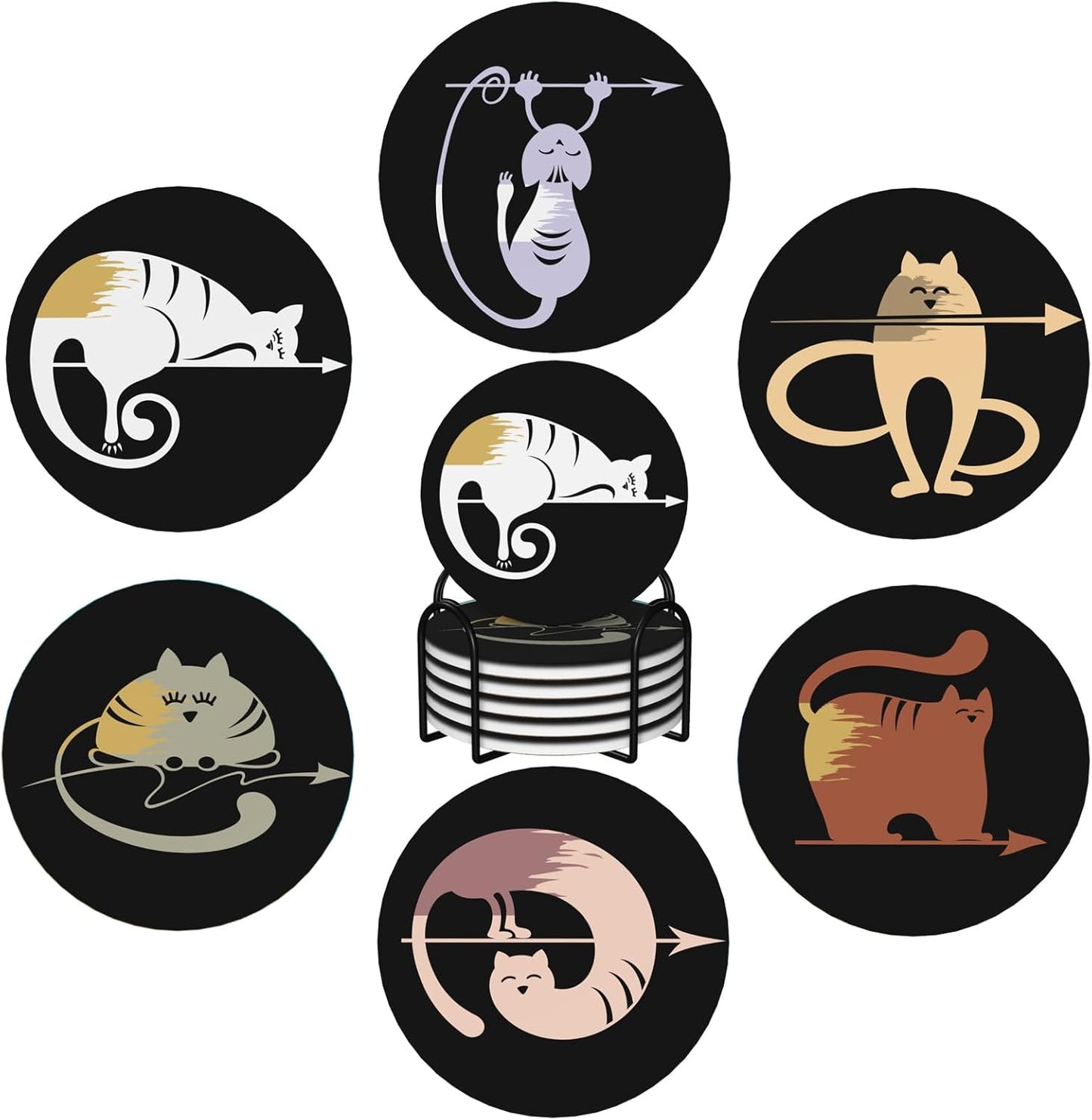 Funny Cat Absorbent Drink Coasters with Holder, Set of 6 Ceramic Coasters with Cork Base for Table Decor