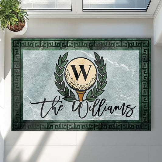 Personalized Golf Doormat with Monogram Initial – Custom Family Name Rug with Laurel Wreath & Marble Background – Non Slip Outdoor Entry Mat for Porch, Golf Club, or Man Cave Decor