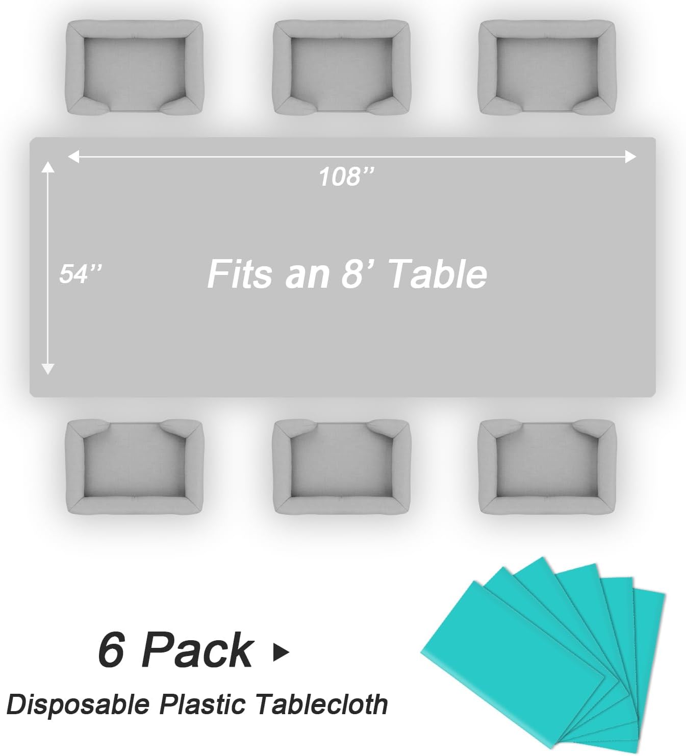 QIKSION Plastic Table Cloth Disposable 6 Pack, 54 x 108 Inch Tablecloths for Rectangle Tables, Aqua Blue Plastic Table Cover