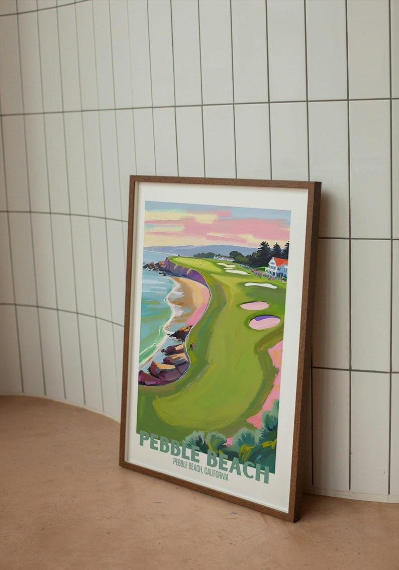 Nationcog Pebble Beach Golf Course Poster, Vintage California Travel Wall Art Print, Retro Coastal Landscape Painting, Unique Golf Course Poster for Collectors and Sports Fans (Unframed) (12x18)