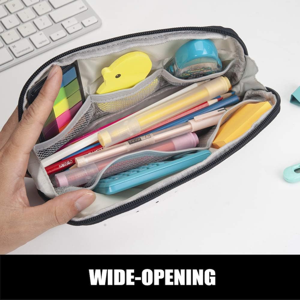 Sooez Wide-Opening Pencil Pen Case, Lightweight & Spacious Pencil Pouch Zipper Stationery Bag, Aesthetic Supply with Triangular Design for Adults, Black Dots