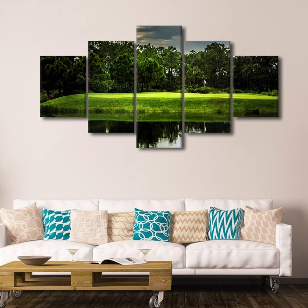 Wall Pictures for Living Room Golf Course Paintings Sunset Scape Artwork Multi Panel Green Canvas Wall Art Modern Home Decoration Giclee Wooden Framed Posters and Prints Ready to Hang - 60"W x 32"H