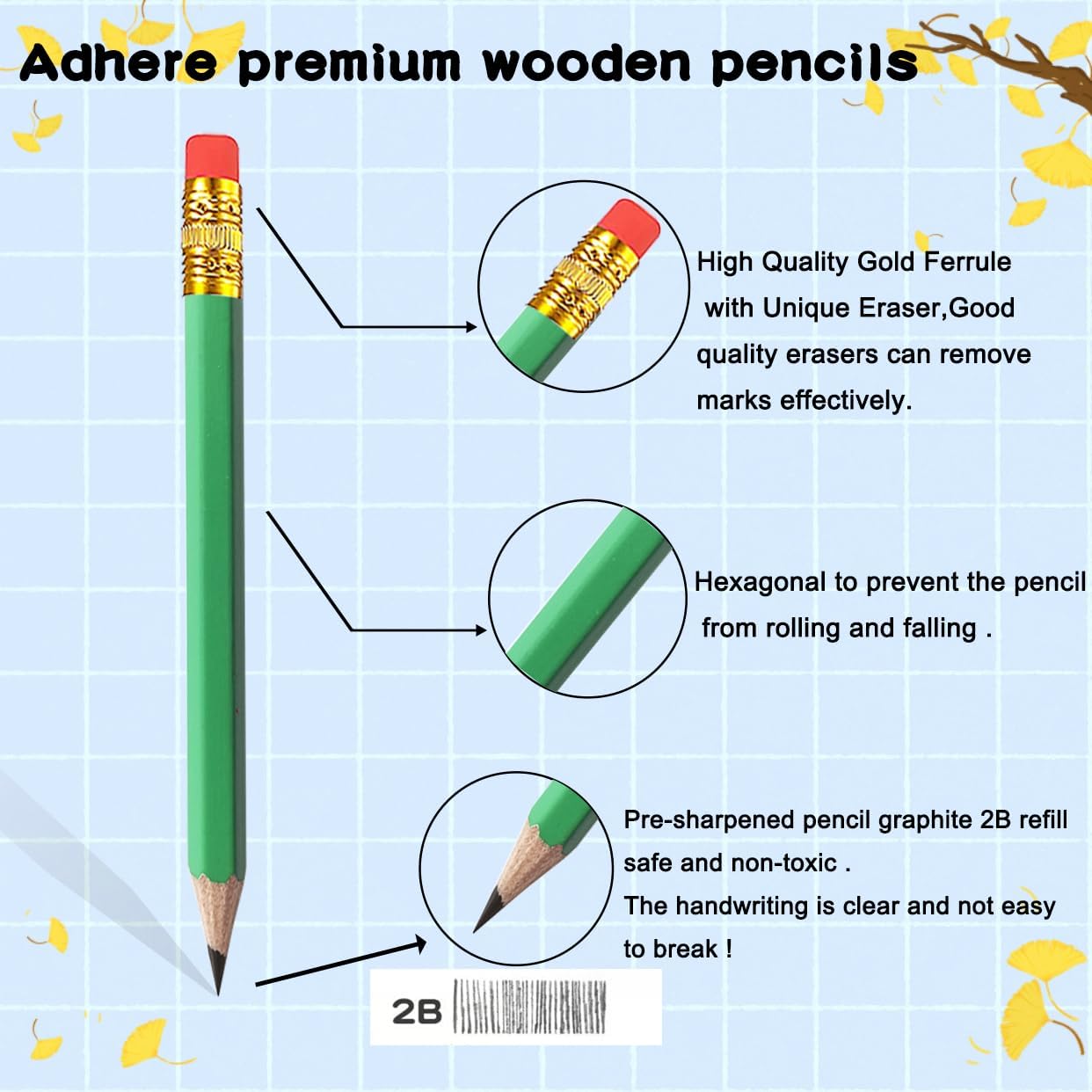 Adhere 25pcs Golf Pencils with eraser Hexagon Wooden Pencils Graphite 2B for Golf Event Scoring,Classroom,Wedding,Company Meetings,Pew, Pocket (Z- White・Pink・Red・Yellow・Light green・50pcs)