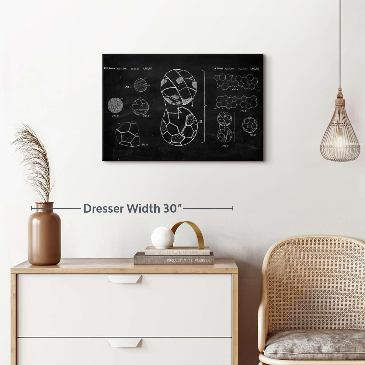 ElephantStock Soccer Ball BW Patent Canvas - 1 Panel Sports Patent Wall Art Decor - Sports Decorations for Boys Room - Wall Art and Office Decor - 24" X 16"
