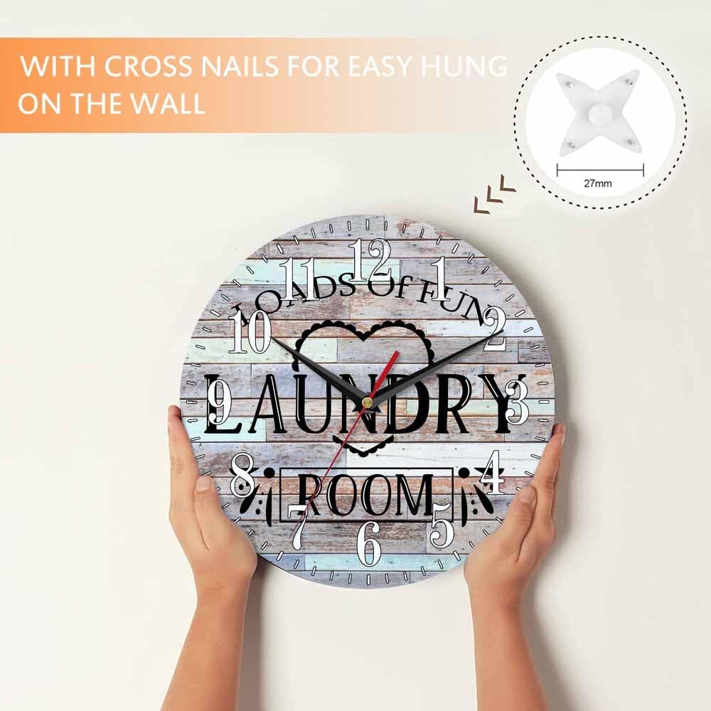 Mxocom Laundry Room Wall Clock Colored Wooden Boards Simple 10 Inch Silent Non Ticking Battery Operated Clock Vintage Round Clock for Living Room Bedroom Bathroom Office Decor