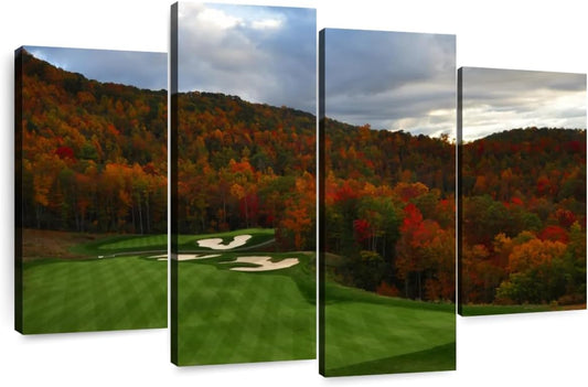 Elephant Stock Autumn Golf Course Wall Art - Horizontal Canvas - 4-Piece Living Room Wall Decor - Photography Sports Canvas Print - Blue and Orange Decor for Wall - 75" X 48"