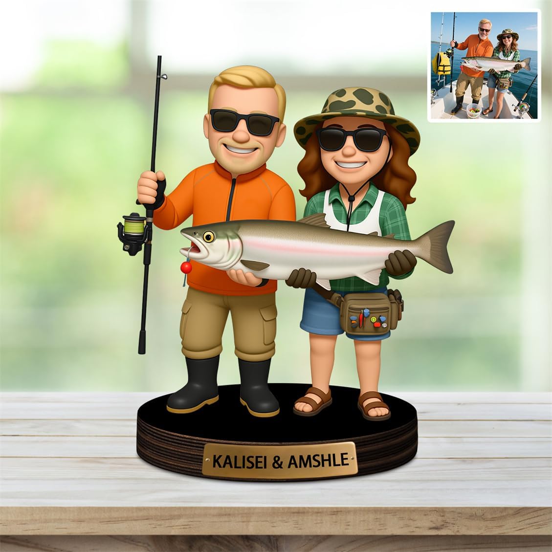 Personalized Family Photo Cartoon Desktop Ornament Custom Fisherman Portrait Figurine Plaque with Name Picture Acrylic Sculpture Desk Sign for Men Women Family Lover Christmas,03