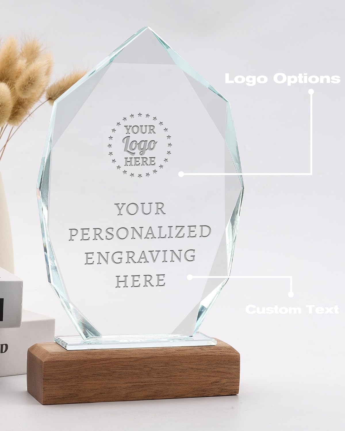 Personalized Crystal Trophy Award with Solid Wood Base - Custom Engraved Plaques for Employee Recognition, Sports Trophies, Thanks Gifts