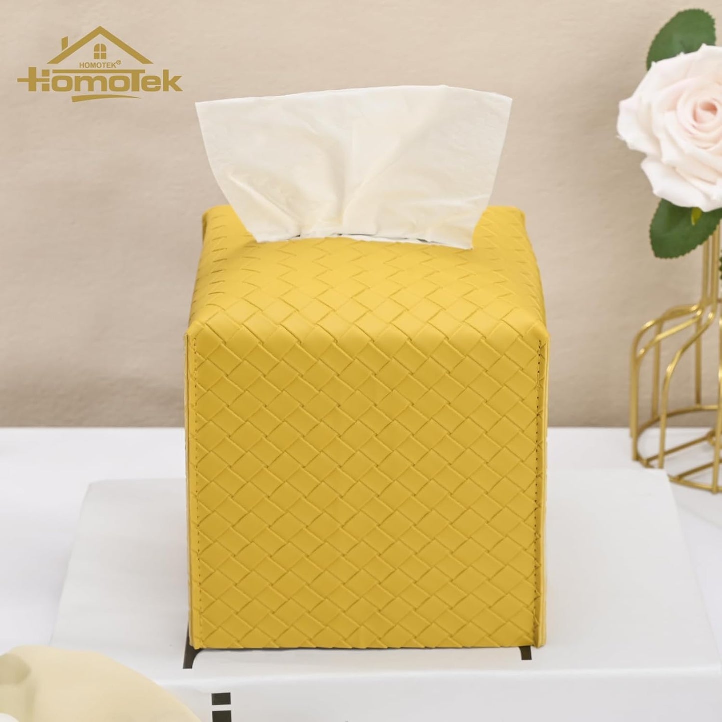 HOMOTEK 2 Pack Tissue Box Cover, Square PU Leather Tissue Holder, Decorative Facial Tissue Cube Paper Organizer Dispenser for Bathroom, Night Stands, Desk, Car 5X5X5'' - Woven Waffle,Mango Yellow