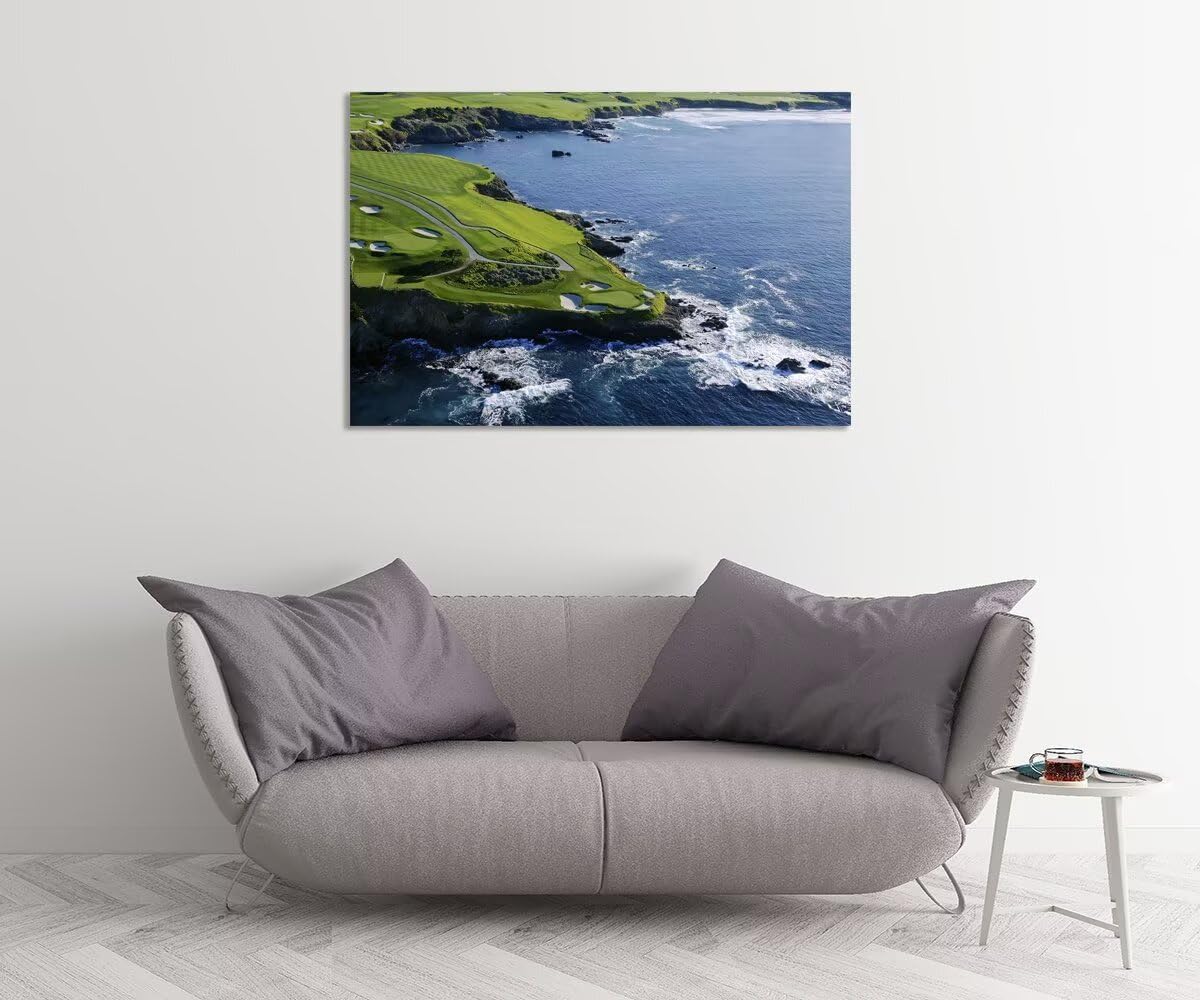 Pebble Beach Golf Course Canvas Wall Art for Living Room Bedroom Bathrooom Home Decorations California Coastal Golf Course Picture Poster Framed Artwork Ready to Hang(12''H x 16''W)