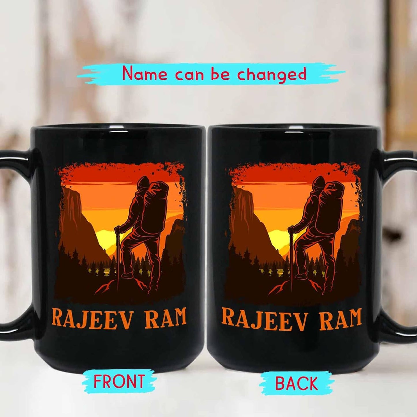 Personalized Name Hiking Coffee Mugs Cups Gifts For Men Women Hiking Lover, Customized Hiking Camp Lover Coffee Cup, Hiking Lover Mountaineer Black Ceramic Mug 11 Oz 15 Oz, Hikers Camper Travel Mug