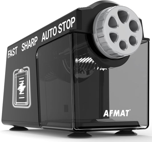 AFMAT PSD4 Electric Pencil Sharpener Heavy Duty, 6 Holes, Cordless & Rechargeable, Super Fast, Auto Stop, 10K+ Uses, Classroom Pencil Sharpener for 6-11mm No.2/Large/Colored Pencils, Black