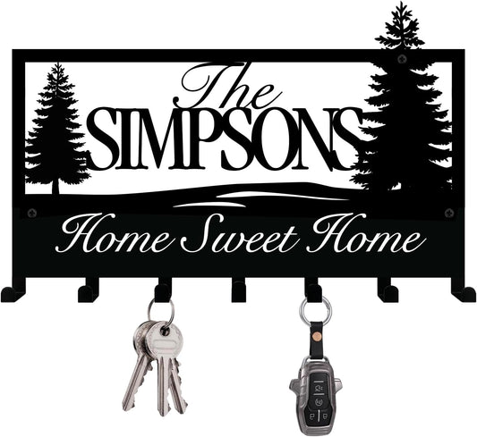 NIWAHO Personalized Family Name Metal Wall Sign with Hooks – Tree Key Rack Holder Wall Mount Customized Name for Entryway, Mudroom, Kitchen, or Cabin Decor