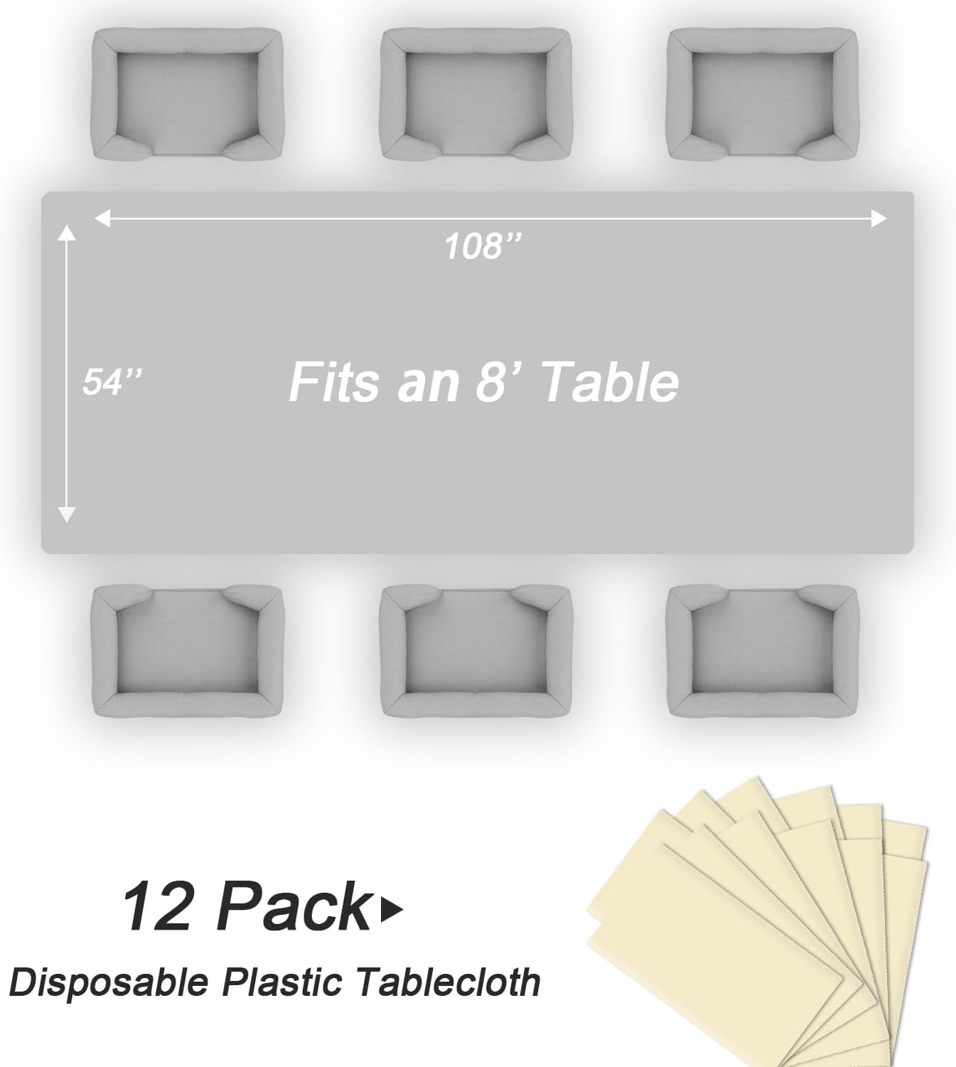 QIKSION Plastic Table Cloth Disposable 12 Pack, 54 x 108 Inch Tablecloths for Rectangle Tables, Ivory Plastic Table Cover
