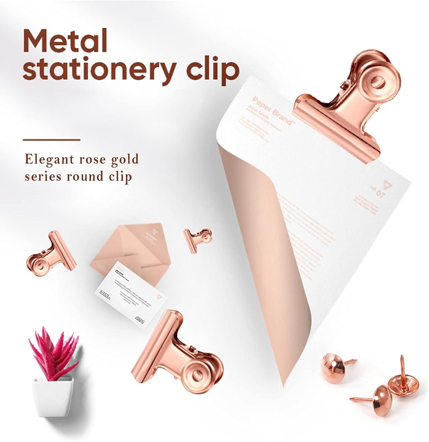 12 Pack Bulldog Clips with Push-pins for Corkboard,Metal Clips for Crafts, Metal Binder Clips for Pictures, Spring Paper Clamps for Office Documents (Rose Gold,1.5inch)