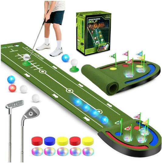 Kids Toy Golf Mat Set, Golf Putting Mat with Light up Holes, Glowing Golf Balls, Putting Green with 2 Clubs, Toy Golf Set,Golfing Mats Indoor Outdoor,Sport Game for Kids Family