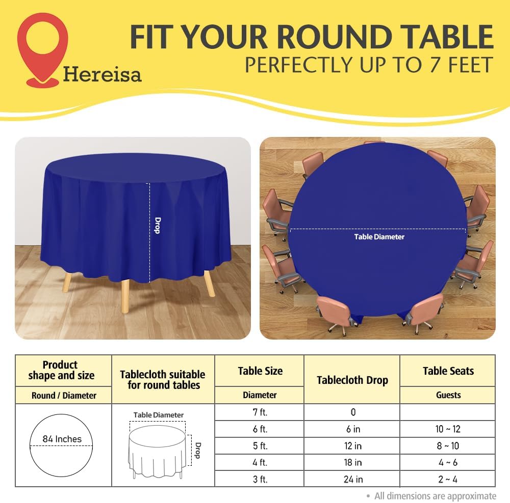 Brand Round Royal Blue Plastic 84" Disposable Tablecloth (3 Pack), Party & Event Decorative Cover