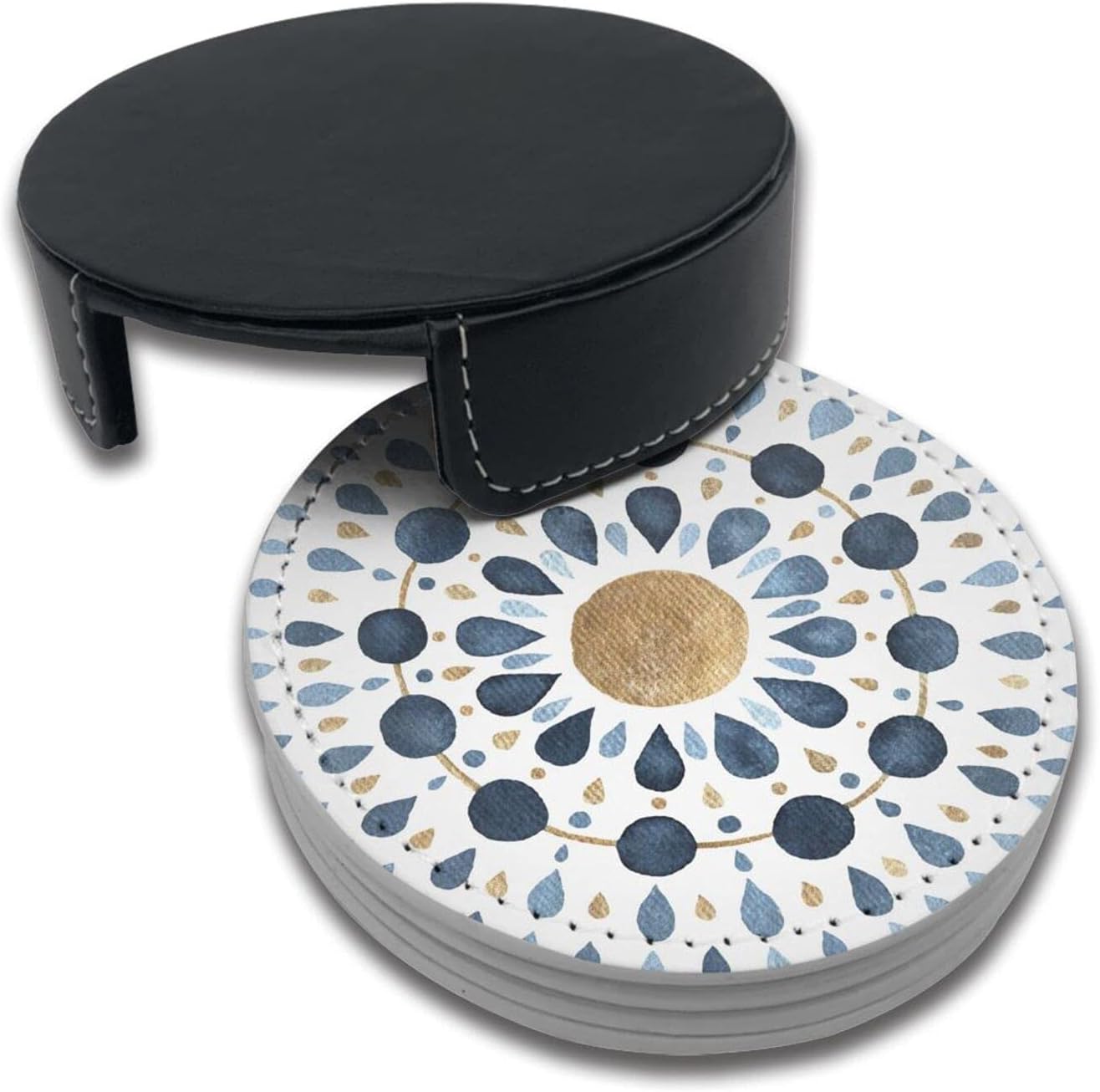 Moon Blue Gold Mandala Watercolor Leather Drinks Coasters with Holder Set of 6, Suitable for Kinds of Cups