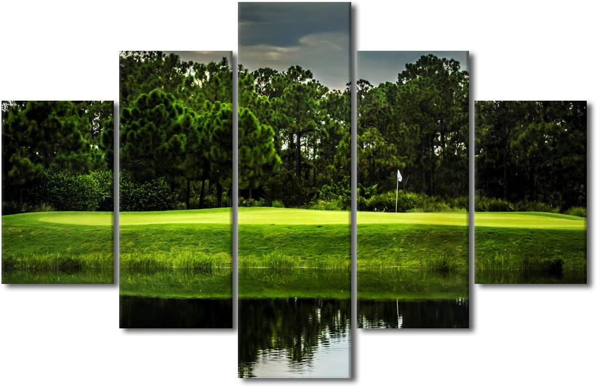 Landscape Pictures Wall Decor Green Golfing Course Wall Art White Golf Ball Artwork for Living Room 5 Piece Canvas Prints Paintings Contemporary House Decorations Framed Ready to Hang - 60"W x 40"H
